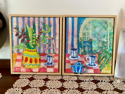At My Table - framed diptych - 58 x 33cm